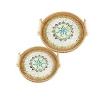 Joyeee - Plateaux en osier pour décoration, lot de 2 petits paniers ronds en osier avec poignées pour rangement, collation, fruits, légumes, ensemble naturel pour la maison, fête, cuisine quotidienne