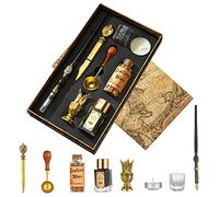 Joyeee Stylo à plume d'artiste avec encre, stylo à trempage en bois, perles de cire à cacheter, bougie à thé, tasse en verre, ouvre-lettres doré, porte-stylo en bois et cuillère à cachet de cire,