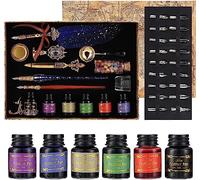 Joyeee Stylo Plume Calligraphie, stylos en verre bleu, 6 encres multicolores, porte-stylo, tasse de nettoyage et kit de sceau de cire, date d'anniversaire idee cadeau pour mama en papa #87