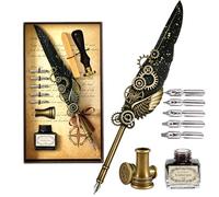 Joyeee Stylos à plumes pour écrire, série classique vintage, plume vert d'oie, encre de trempage noire, pointes de rechange, bâton de cire à cacheter, tampon de cire avec poignée en bois pour