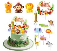 Joyek Lot de 12 décorations de gâteau jungle - Happy Birthday - Animaux pour 1er anniversaire - Décoration safari pour anniversaire d'enfant garçon fille