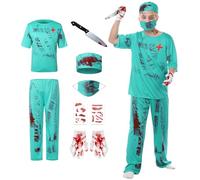 Joyesplay Costume de médecin zombie pour adultes et enfants - Ensemble de 6 pièces - Costume d'Halloween pour femme, homme et enfant - Chirurgien zombie Cosplsy - Costume de diable chirurgien