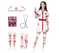 Joyesplay Costume d'Halloween d'infirmière pour femme, costume de zombie pour adulte, chapeau et bas assortis, gants de couteau , gants pour visage, stéthoscope, zombie pour adultes