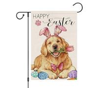 Joyeuses Pâques ! Chien Golden Retriever, Oreilles De Lapin, Fleur, Œufs De Pâques Drapeaux De Jardin 30X45Cm Drapeaux Résistant Éclatantes Bannière Cour Pour Fêtes Extérieure Ferme