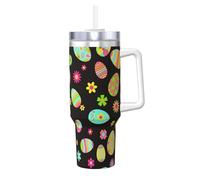 Joyeuses Pâques ! Œufs de Pâques colorés,Gobelet isotherme Ice Bully de 40 oz avec poignée, couvercle et paille, en acier inoxydable, pour voiture ou café.
