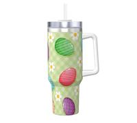 Joyeuses Pâques ! Œufs de Pâques colorés,Gobelet isotherme Ice Bully de 40 oz avec poignée, couvercle et paille, en acier inoxydable, pour voiture ou café.