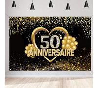 Joyeux 50e Anniversaire de Mariage Bannière Décoration de Fond, Joyeux 10e Anniversaire de Mariage Parti Affiche Accessoires Tissu Logo Affiche, Décoration d'anniversaire en Or Noir, 1,5 m