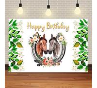 Joyeux Anniversaire Cheval Poney Aquarelle Fleurs Fer à Cheval Golden Glitter Party Photo Toile de Fond Photographie Fond / 240x180