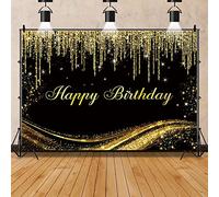 Joyeux Anniversaire Toile de Fond Noir et Or Paillettes Bokeh Paillettes Spots Photographie Fond Bébé Adulte Anniversaire Art Photocall / 300x200