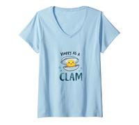 Joyeux comme Une palourde, Joli Jeu de Mots sur l'océan T-Shirt avec Col en V, Femme, Bleu Céleste, XL