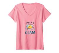 Joyeux comme Une palourde, Joli Jeu de Mots sur l'océan T-Shirt avec Col en V, Femme, Rose, XXL