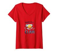 Joyeux comme Une palourde, Joli Jeu de Mots sur l'océan T-Shirt avec Col en V, Femme, Rouge, XXL