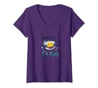 Joyeux comme Une palourde, Joli Jeu de Mots sur l'océan T-Shirt avec Col en V, Femme, Violet, XL