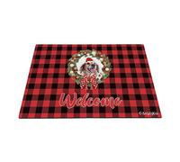 Joyeux Noël avec Mon Chien Bien-Aimé Brittany Dog Red Buffalo Check Plaid Paillasson De Bienvenue Paillasson D'Entree Anti-Poussière Tapis De Bain pour Terrasse Bain Salon 40X60Cm