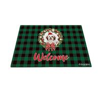 Joyeux Noël avec Mon Chien Bien-Aimé Lhassa Apso Plaid À Carreaux De Buffle Vert Paillasson De Bienvenue Anti-Poussière Paillasson D'Entree Tapis De Bain pour Salon Terrasse 40X60Cm