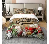 Joyeux Noël Coton Housse de Couette 220x240,Planche en Bois de Noël Parure de Lit pour la Chambre,Flocon de Neige Décor de Chambre pour Filles Literie Set,Festival d'hiver Brun Rouge Couvre Lit