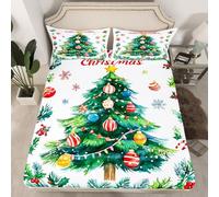 Joyeux Noël Drap-housse taille S Aquarelle Vert Xmas Pin Tree Protège-matelas avec 1 taie d'oreiller Happy New Year Décor Blanc Deep Pocket Housse de couette pour enfant (pas de top Sheet)