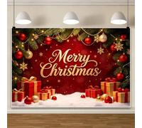 Joyeux Noël Flocon De Neige Boule Photographie Toile de Fond 1.5x1.2m | Branches de pin rouge noël arrière-plans Snowland boîte-cadeau bébé petit garçon fille Noël tir bannière fête décorations