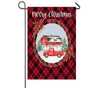 Joyeux Noël Red Truck Tree Farm Buffalo Check Plaid Drapeau 30X45Cm Bannières Résistant Suspendre Drapeau De Cour Pour Chambres Ferme Vacances