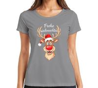 Joyeux Noël Renne Rudolph Nez Rouge Bonnet de Père Noël Drôle T-shirt Femme, gris, S