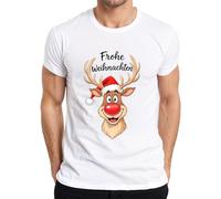 Joyeux Noël Renne Rudolph Nez Rouge Bonnet de Père Noël Drôle T-shirt pour homme, Blanc., S