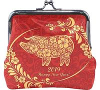 Joyeux Nouvel an Chinois 2019 Année du Cochon en Cuir Kiss-Lock Porte-Monnaie Portefeuille Portable Pochette pour Femmes Filles
