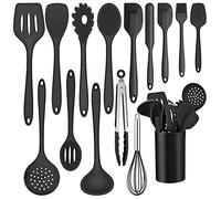 Joyfair Lot de 15 ustensiles de cuisine en silicone résistant à la chaleur avec porte-ustensiles - Ustensiles de cuisine antiadhésifs - Passe au lave-vaisselle - Noir