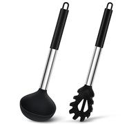Joyfair Lot de 2 louches à soupe et cuillères à spaghetti, en silicone et cuillère à pâtes avec poignée en acier inoxydable, pour cuisiner, remuer, servir, égoutter, sain et antiadhésif, passe au