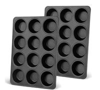 Joyfair Lot de 2 moules à muffins antiadhésifs pour 12 muffins, en acier inoxydable, 35 x 27 cm, pour cupcakes, brownies, puddings, gâteaux - Sain et non toxique - Facile à nettoyer