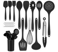 Joyfair Lot de 25 ustensiles de cuisine en silicone anti-adhésifs et résistants à la chaleur avec porte-ustensiles et crochets en S, passe au lave-vaisselle, noir