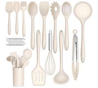 Joyfair Lot de 25 ustensiles de cuisine en silicone anti-adhésifs et résistants à la chaleur avec porte-ustensiles et crochets en S, passent au lave-vaisselle, kaki