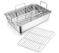 Joyfair Lot de 3 plats à gratin avec grille de refroidissement en acier inoxydable et grille en forme de V 35,8 x 26,7 x 9 cm, rectangulaires profonds pour dindes, viandes, légumes, passent au