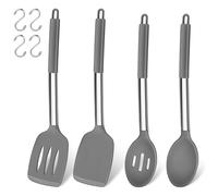 Joyfair Lot de 4 spatules et cuillères de cuisine en silicone résistant à la chaleur avec poignée en acier inoxydable, ustensiles de cuisine pour cuisine/pâtisserie/flip, passe au lave-vaisselle, gris