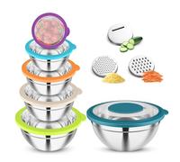 Joyfair Lot de 6 bols mélangeurs en acier inoxydable avec couvercle transparent et 3 râpes - 4,5 l/2,7 l/2 l/1,5 L/1,2 L/0,7 l - Saladier pour cuisiner, cuire au four, empilables et passent au