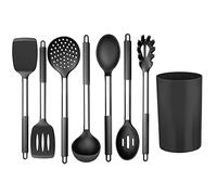 Joyfair Lot de 8 ustensiles de cuisine en silicone avec poignée en acier inoxydable, antiadhésifs, ensemble de couverts de cuisine avec porte-ustensiles, sains et durables - Noir