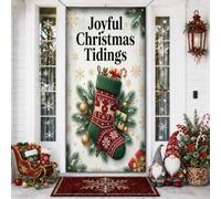 Joyful Christmas Tidings Couvre-porte avec citation en bas 91,4 x 183 cm | Motif renne, toile de fond de porte d'entrée, branches de pin, ornements dorés, toile de fond enneigée, ambiance de vacances