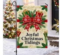 Joyful Christmas Tidings Drapeau de jardin avec nœud 30,5 x 45,7 cm | Nœud rouge, drapeau de pelouse, feuilles de houx, boîtes cadeaux, salutations saisonnières, décoration de jardin d'hiver