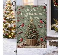 Joyful Christmas Tidings Drapeau de jardin Motif oiseau 30,5 x 45,7 cm | Oiseaux de boulevreuil, drapeau de cour, baies de houx rouge, panier en osier rustique, accents de flocon de neige