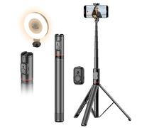 Joyful Trépied et perche à selfie extensible pour téléphone portable avec télécommande sans fil et support de griffe, compatible avec iPhone et Samsung Android pour vidéo/photo (noir avec lumière)