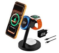 JoyGeek 25W Station magnétique 4-en-1 Compatible MagSafe pour iPhone 17/16, Module pivotant 180° pour Apple Watch et Samsung Galaxy Watch, Alimentation 45W