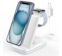 JoyGeek Chargeur Induction 3 en 1, Pliable Chargeur sans Fil Compatible avec i Phone 16/15/14/13/12/11/XS/X/8 Série, Station de Charge pour iWatch 10-2, Wireless Charger pour AirPods 4/2/3/Pro-Blanc