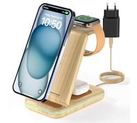 JoyGeek Chargeur sans Fil 3 en 1 Pliable pour téléphone 15/14/13/12/11/Pro Max/X, Station de Charge inductive pour iWatch 9/Ultra/SE/8/7/6/5/4, Air Pods 2/3/Pro, Bamboo Grain