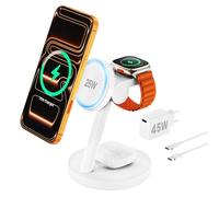JoyGeek QI2.2 25W Station de Charge magnétique 4-en-1 Compatible MagSafe pour iPhone 17/16, Module Rotatif 180° pour Apple Watch et Samsung Galaxy Watch, Alimentation 45W