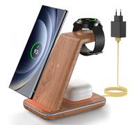 JoyGeek Station de Charge pour Samsung, 3 en 1 Chargeur Induction para Samsung S25/S24/S23/S22/S21/ZFlip/Fold, Chargeur sans fil para Galaxy Watch Ultra/8/7/6, Wireless Charger para Galaxy Buds-Bambou