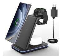 JoyGeek Station de Charge pour Samsung, 3 en 1 Chargeur Induction para Samsung S25/S24/S23/S22/S21/ZFlip/Fold, Chargeur sans fil para Galaxy Watch Ultra/8/7/6/5, Wireless Charger para Galaxy Buds-Noir