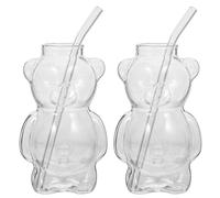 Joygoodta 2PCS Ours Tasse avec Paille 320 ml / 11 oz Tasse en Verre Transparent de Forme Mignonne avec Paille Gobelet en Verre Passe au Micro-Ondes pour Femmes Hommes Enfants, Ours en Peluche