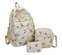 Joygoodta Cherry Bookbag, 3 pièces/ensemble sac à dos cerise pour filles, sac à dos en nylon de capacité avec messager et petite pochette, esthétique, mignon, blanc