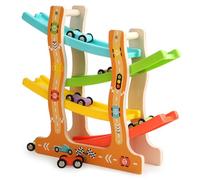 Joygoodta Rampe de Voiture en Bois, Jouet Amusant et sécurisé, avec 6 Mini véhicules, Piste de Course en Bois pour garçons et Filles, Cadeaux d'anniversaire Vacances, Jouet