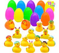 JOYIN 12 Pcs Remplis d'Oeufs de Pâques avec Canards en Caoutchouc, Oeufs de Pâques Colorés Lumineux Préremplis avec Variété de Canards Jaunes pour Bain Amusant Squirt Squeaker Bunny Duckies Canards