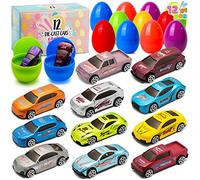 JOYIN 12 Pièces Oeufs de Pâques Surprise Die-cast Voitures Jouet Enfant, 3.2" Oeuf Plastique Kinder Remplis de Mini Voitures, Paques Jouet Cadeau Surprise